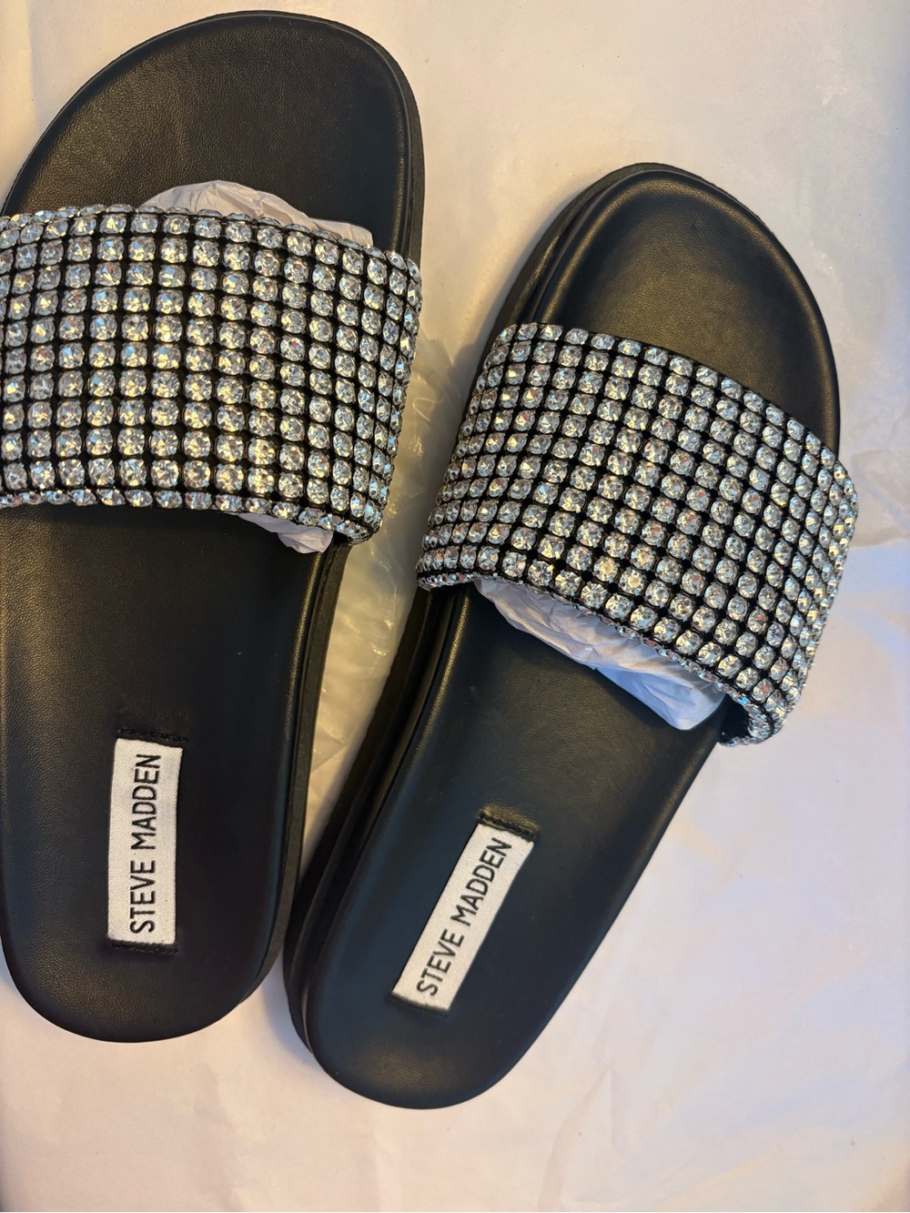 Steve Madden Black Slide Sandals with Clear Crystal Strap